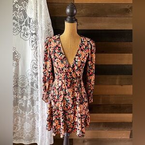 Modern Wild Fable Long Sleeve Orange Multicolor Floral V Neck Wrap Dress
